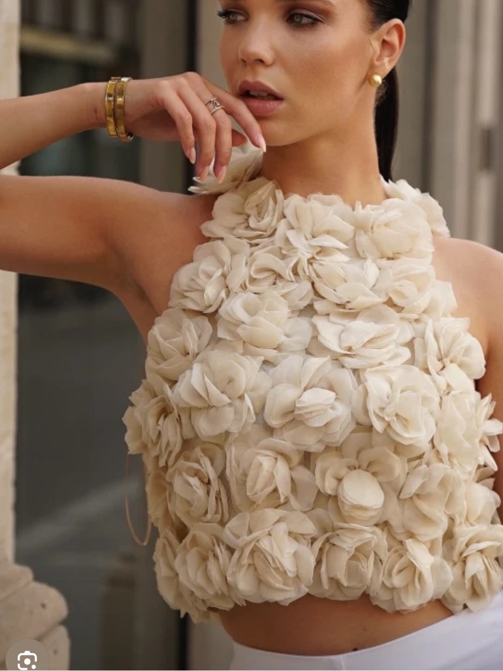 Zara Cream Floral Halter Crop Top with 3D Rosettes
